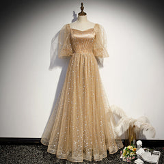Champagne Tulle Chich Long Puffy Sleeves Party Dress Formal Dress