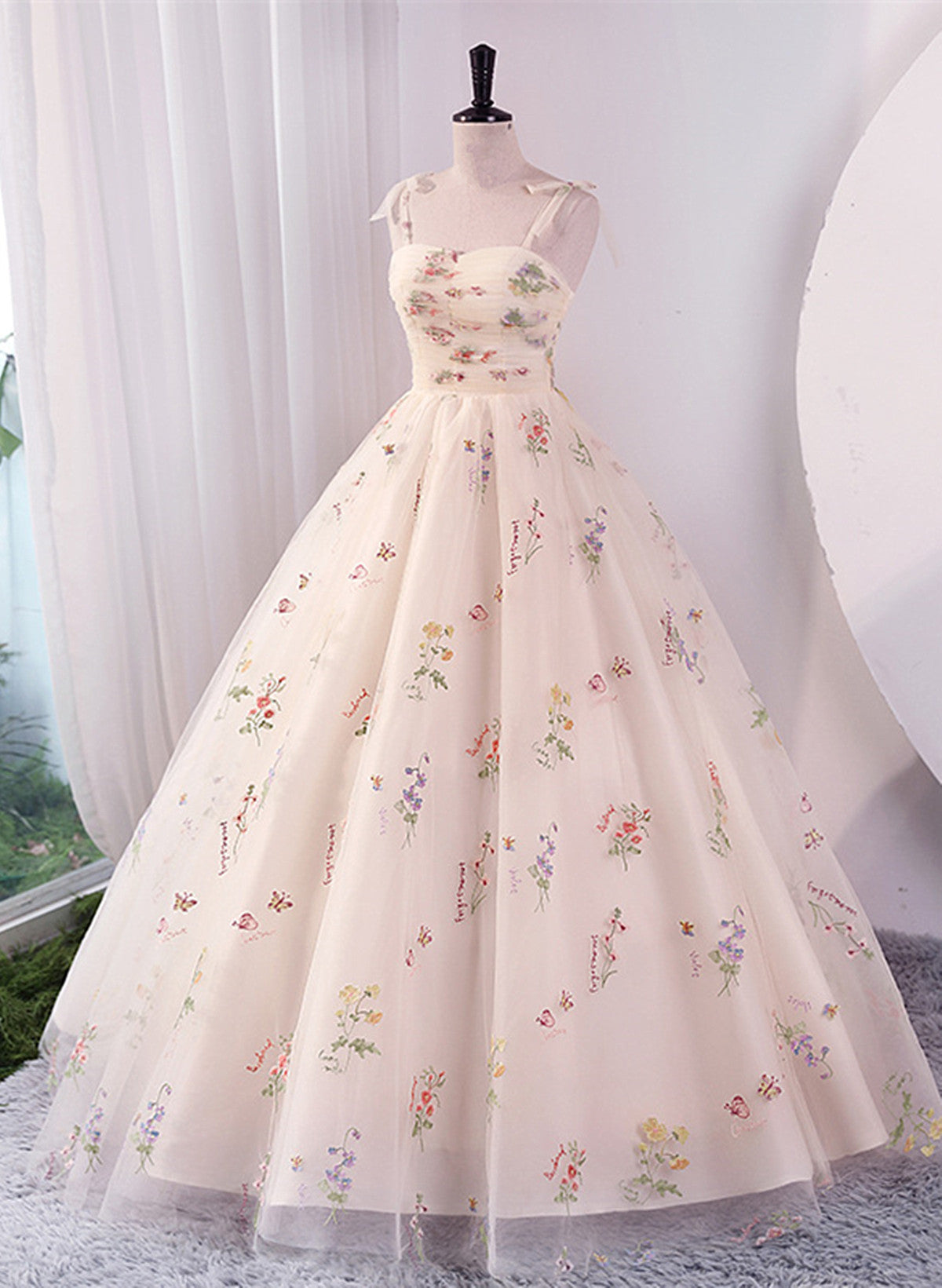 Ivory Floral Tulle Ball Gown Straps Sweet 16 Dress