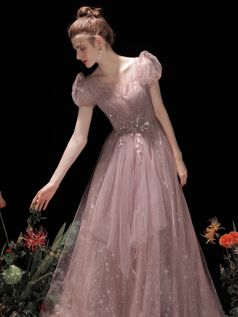 Vestido formal de tul rosa con mangas cortas y corte A hasta el suelo 