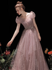 Vestido formal de tul rosa con mangas cortas y corte A hasta el suelo 