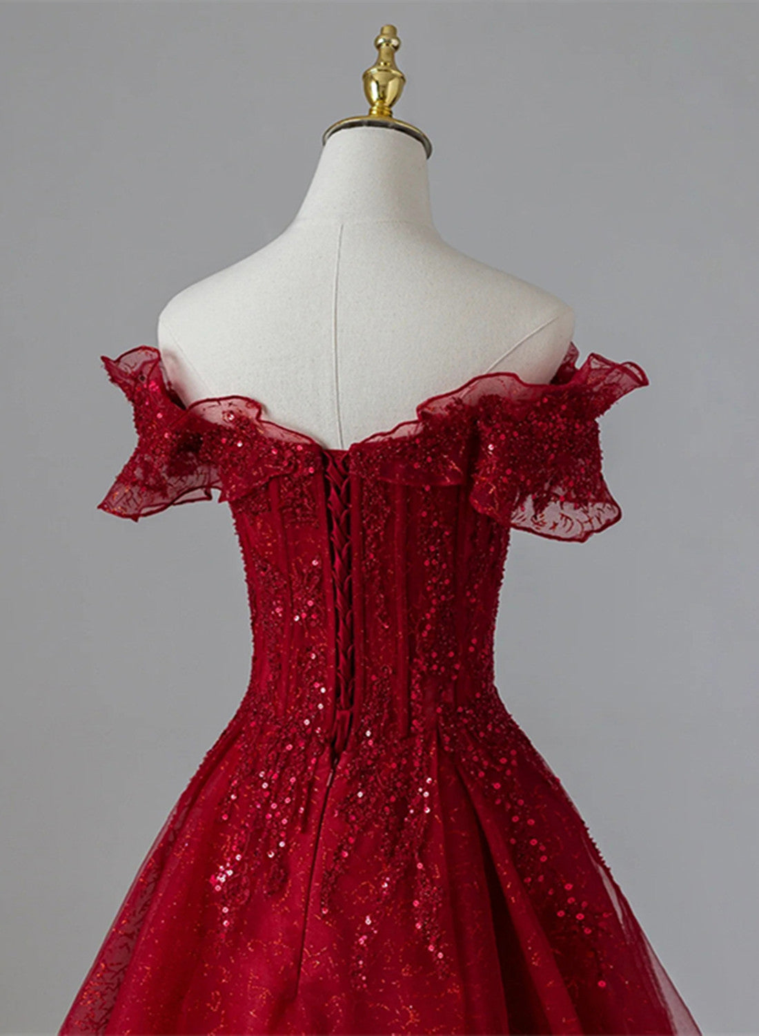 Wine Red Tulle with Sequins and Lace Party Dress