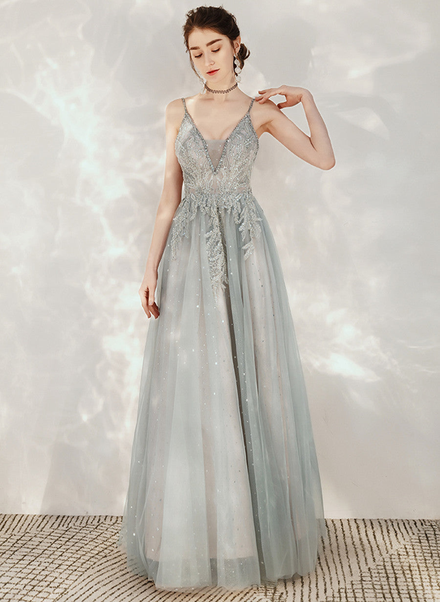 Vestido de fiesta largo de tul con tirantes y cuentas en forma de A 