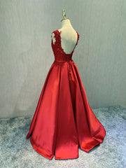 Red Satin V-neckline Floor Length Prom Dress
