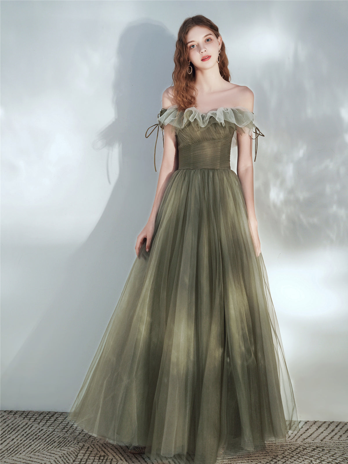 Green Off Shoulder Tulle Long Junior Prom Dress