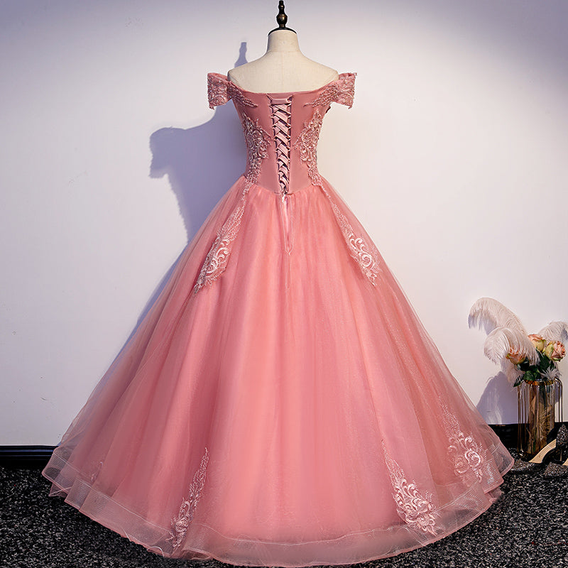 Encantador vestido de fiesta rosa con apliques de encaje y hombros descubiertos 