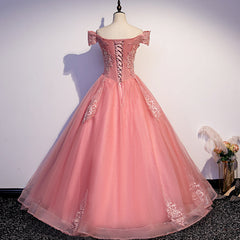 Encantador vestido de fiesta rosa con apliques de encaje y hombros descubiertos 