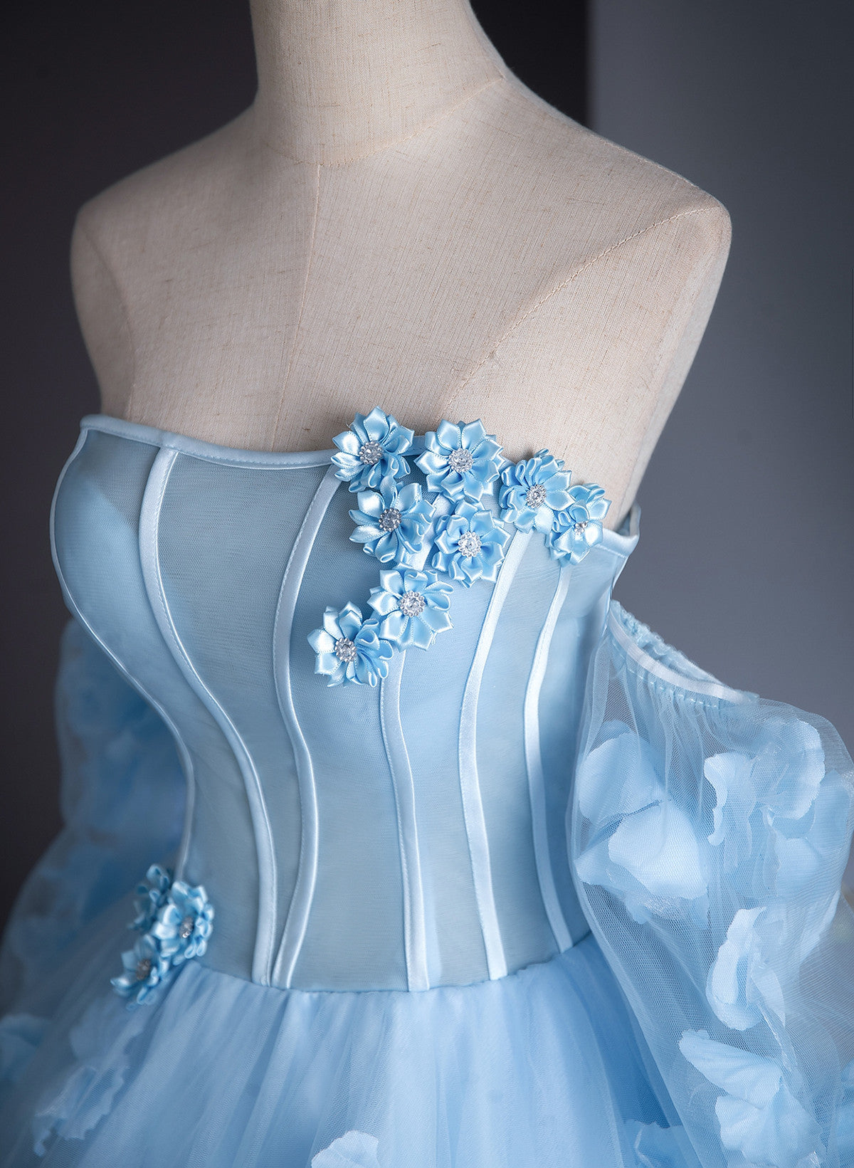 Blue Flowers and Tulle Puffy Sleeves Prom Dress