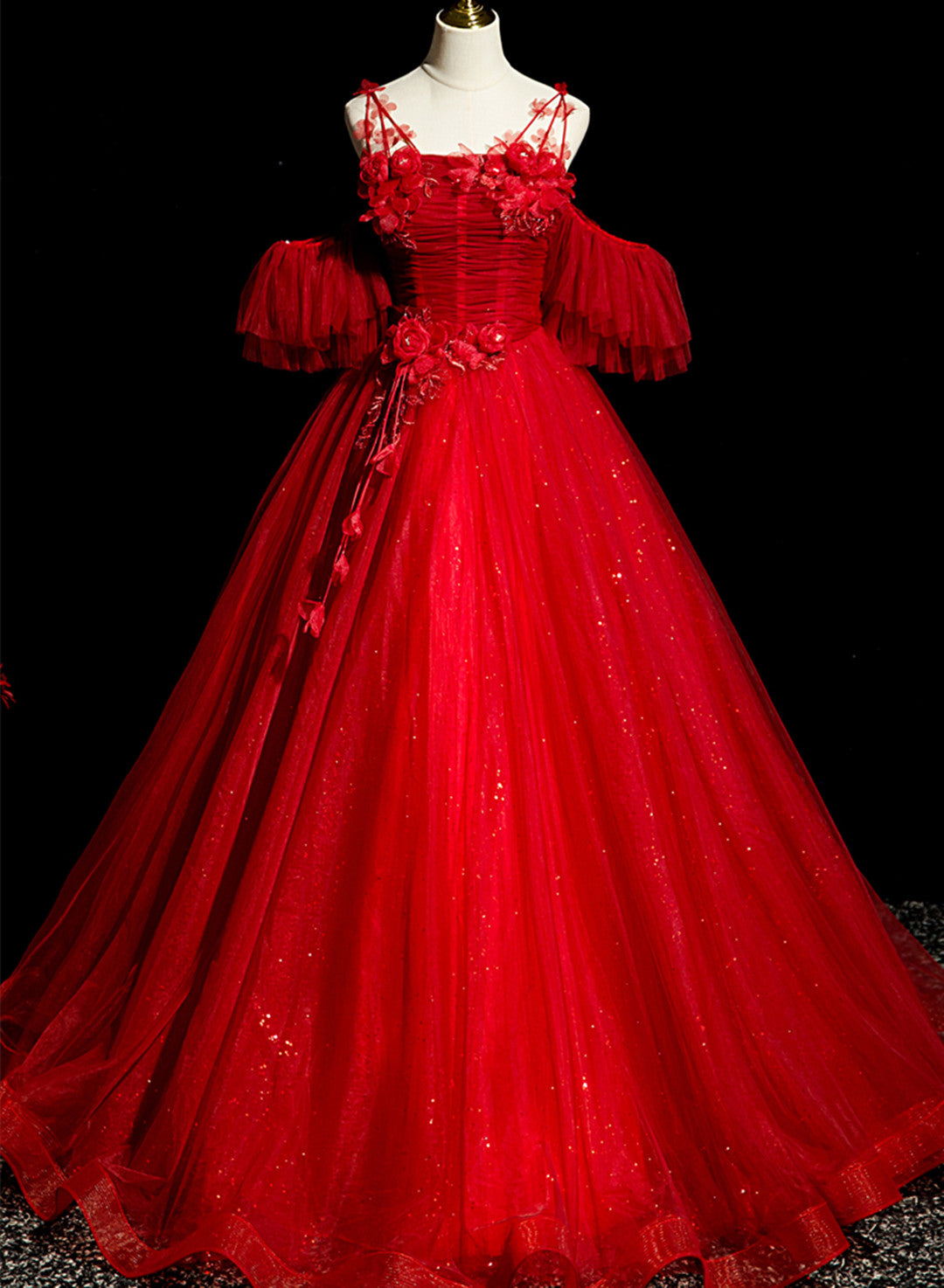 Vestido de fiesta de tul rojo con hombros descubiertos para quinceañeras 