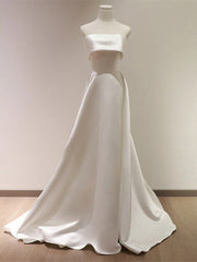 Vestido formal largo de satén blanco sin tirantes, corte A 