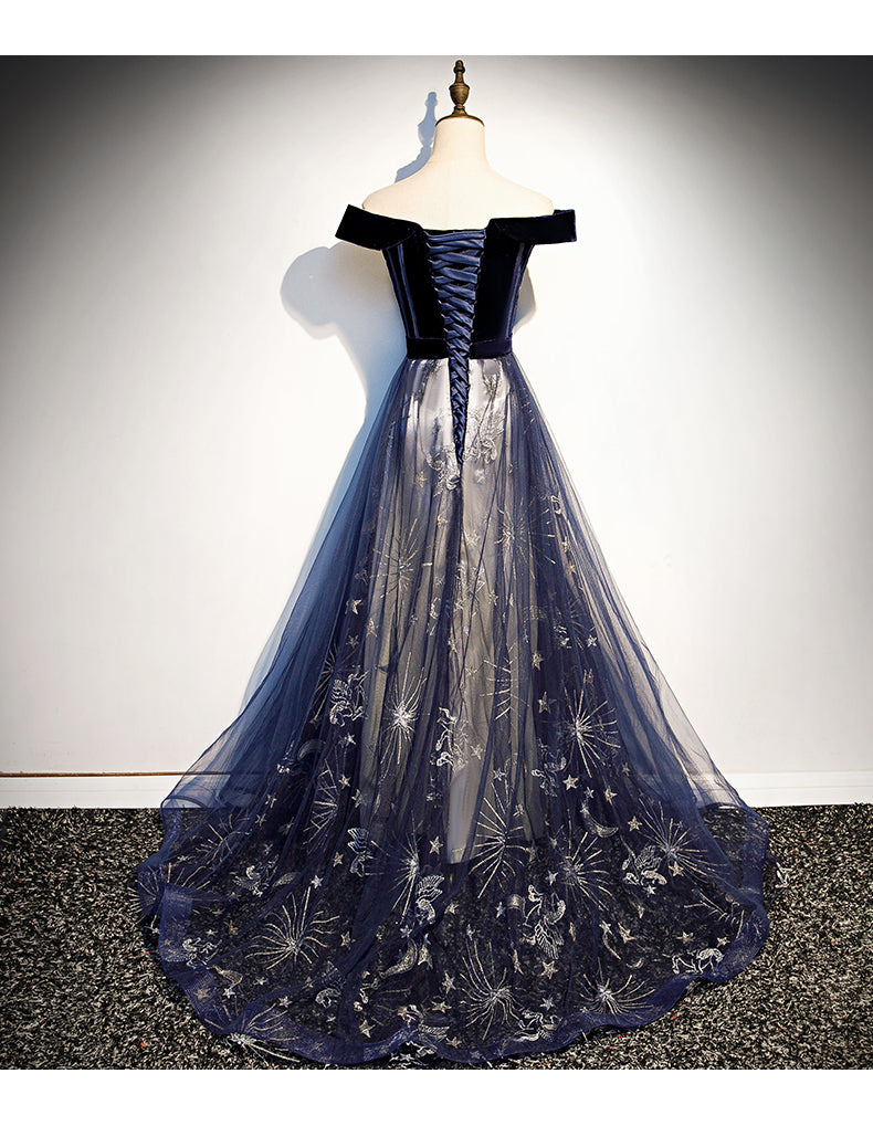 Vestido de fiesta de terciopelo y tul con hombros descubiertos y estampado floral azul marino 