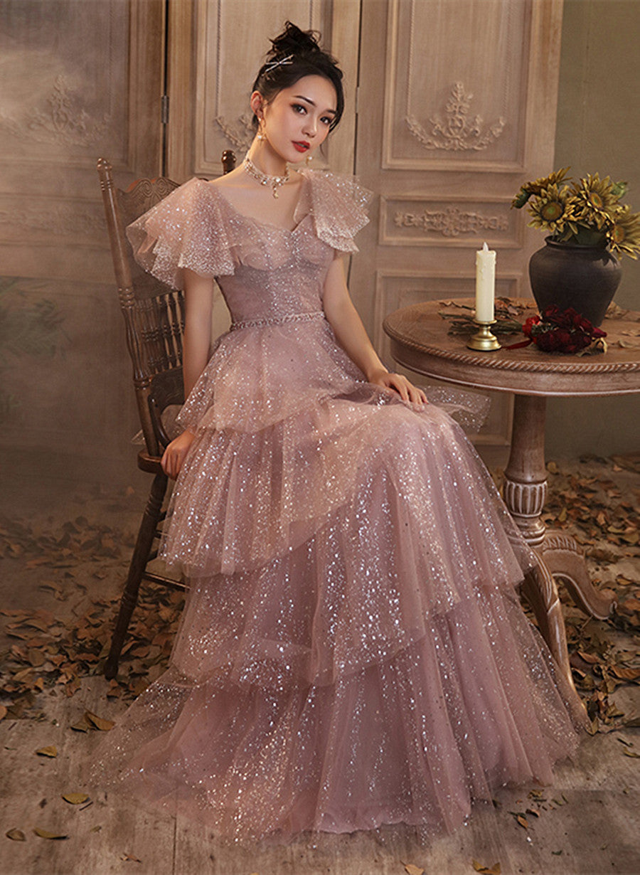Vestido de fiesta de manga corta de tul brillante rosa oscuro 