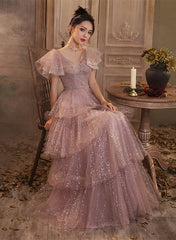Vestido de fiesta de manga corta de tul brillante rosa oscuro 