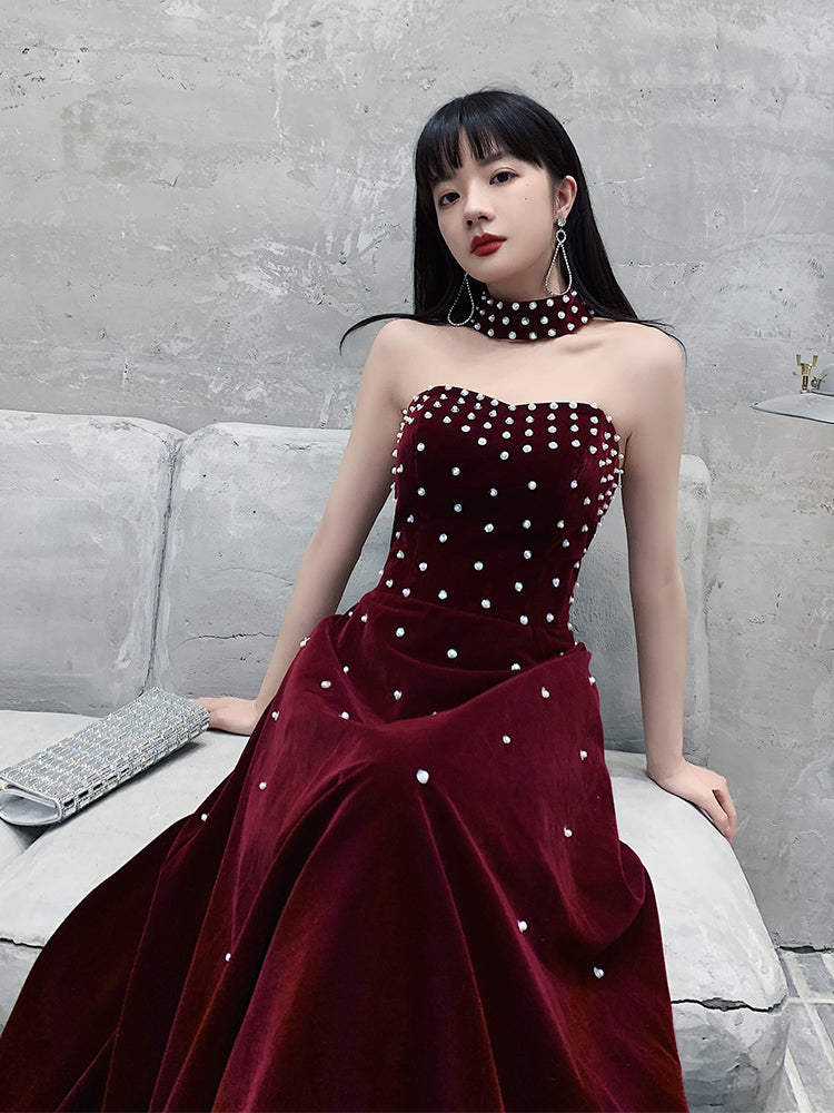 Wine Red Velvet Beaded Long Prom Dress