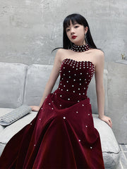Wine Red Velvet Beaded Long Prom Dress