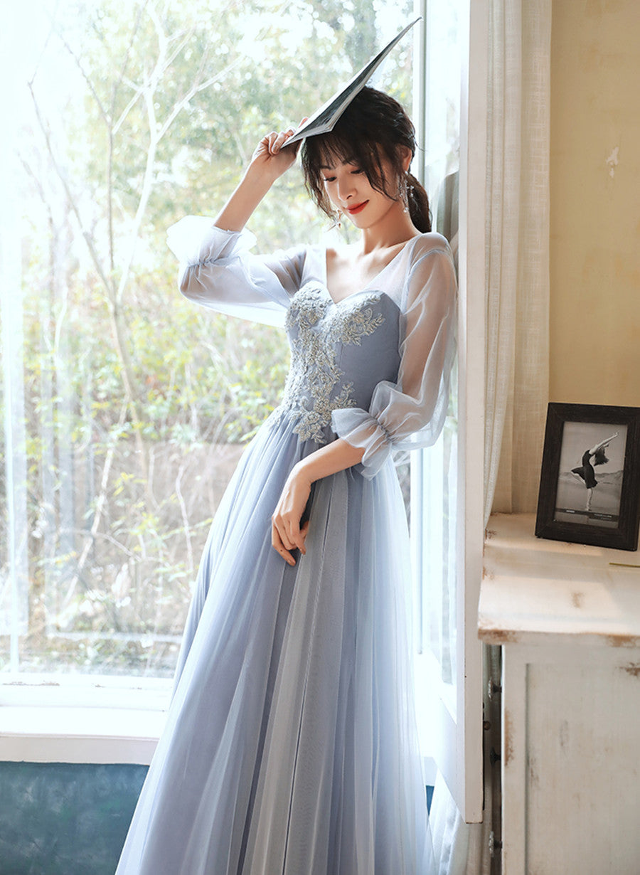 Light Blue Tulle Long Party Dress with Puffy Sleeves