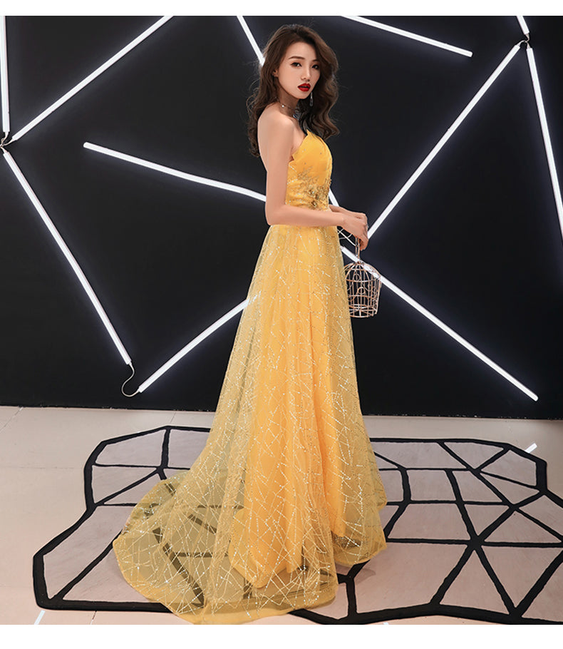 Unique Yellow Tulle Style Beaded Flowers Formal Gown