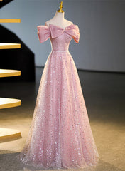 Vestido de fiesta largo de tul brillante con hombros descubiertos en rosa 
