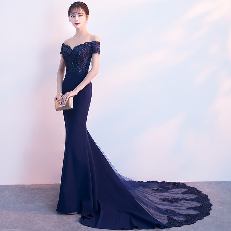 Beautiful Navy Blue Mermaid Lace Long Party Dress