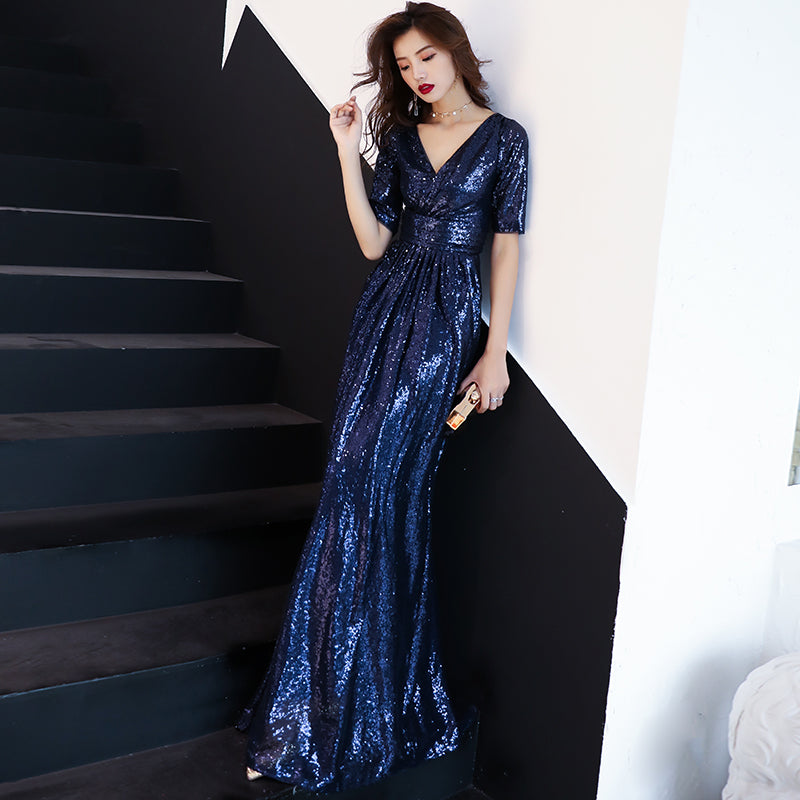 Blue Sequins Short Sleeves A-line Long Bridesmaid Dresses