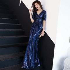 Blue Sequins Short Sleeves A-line Long Bridesmaid Dresses