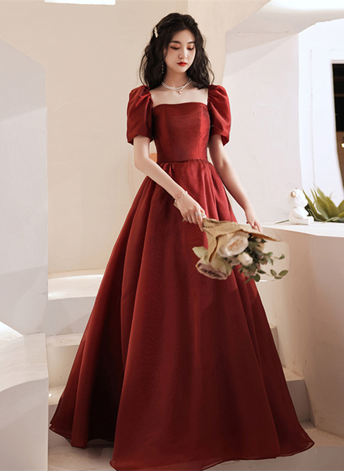 Lovely Wine Red Short Sleeves Organza Party Dress