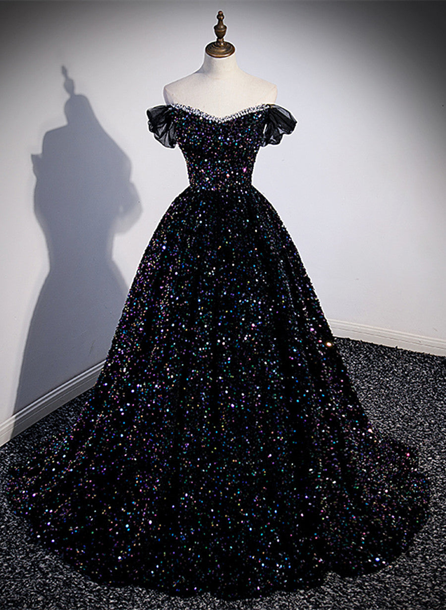 Black Sequins Off Shoulder Beaded Party Dress