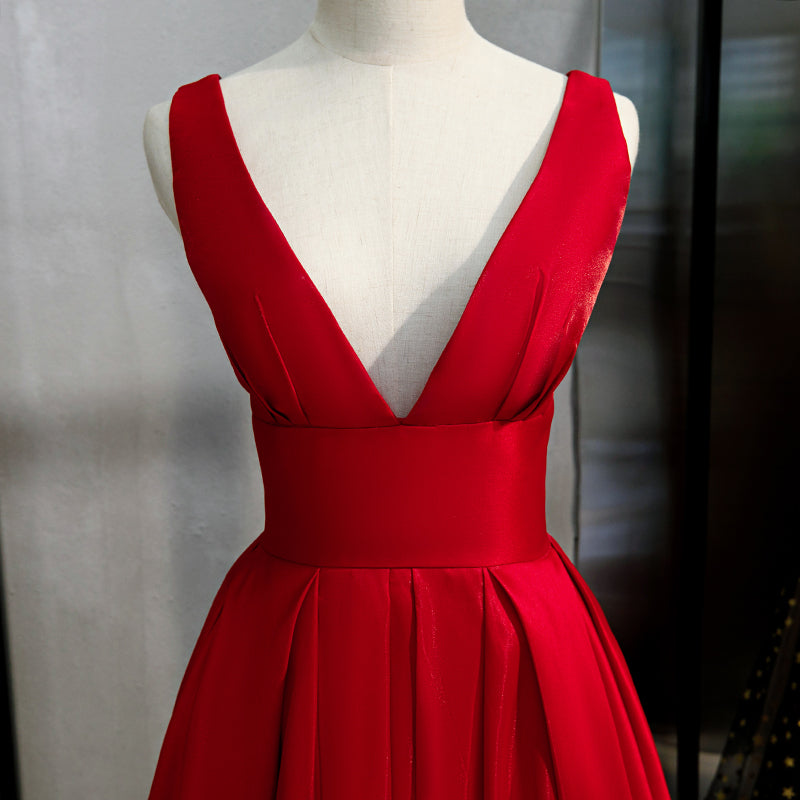 Red Satin Deep V-neckline Prom Gown