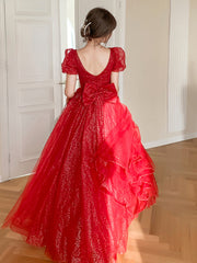 Vestido de fiesta largo de corte A con mangas cortas de tul rojo brillante 