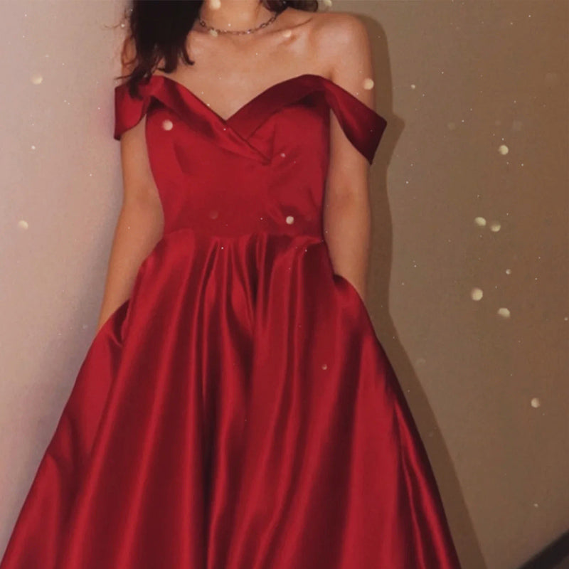 Dark Red Satin Long Prom Dresses