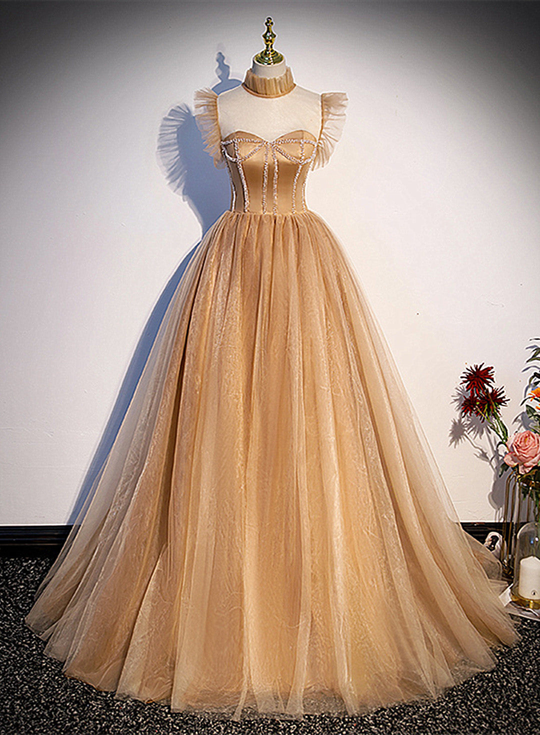 Champagne Tulle Beaded Long Sweet 16 Formal Dresses