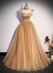 Champagne Tulle Beaded Long Sweet 16 Formal Dresses