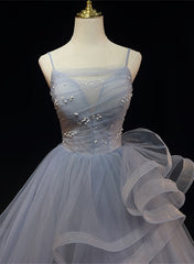 Grey Tulle Straps Layers Long Prom Dress Party Dress