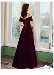 Wine Red Velvet Long A-line Bridesmaid Dress