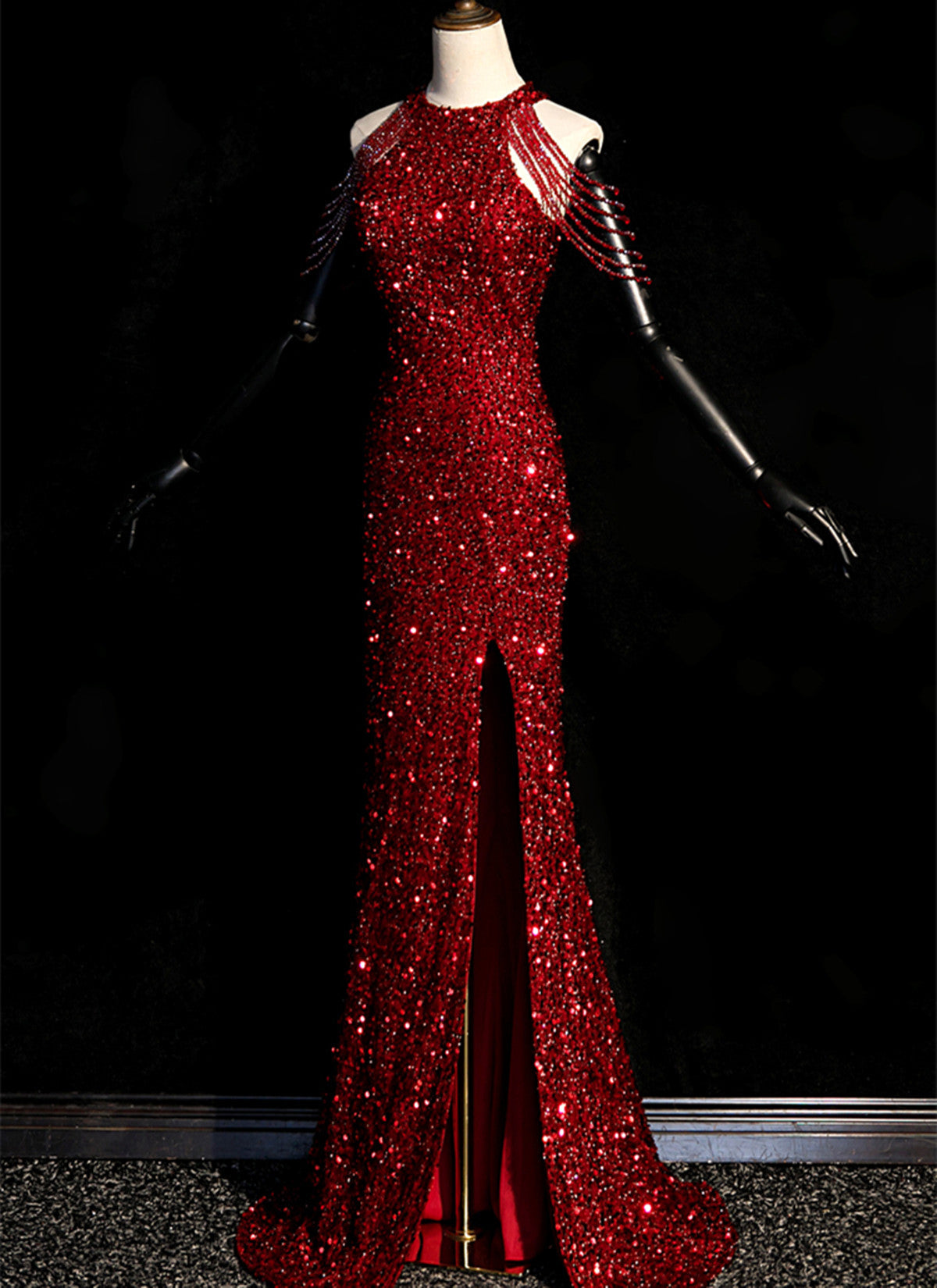 Wine Red Sequins Halter Mermaid Floor Length Party Dress