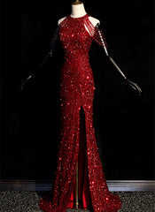 Wine Red Sequins Halter Mermaid Floor Length Party Dress