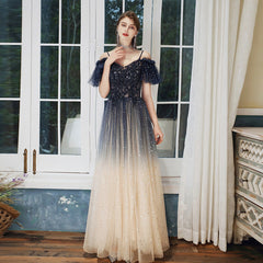 Vestido de fiesta largo de corte A con tul degradado y tirantes azul marino 