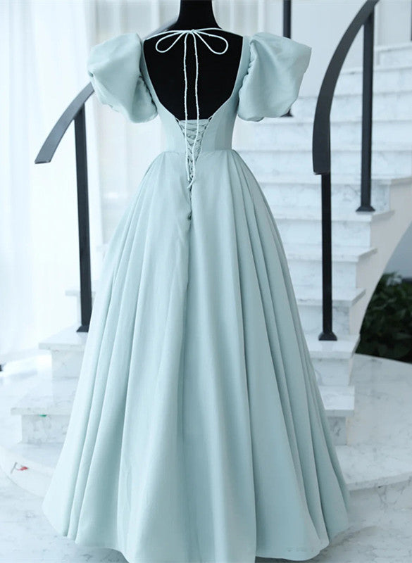 Light Blue Satin Open Back Lopng Prom Dress