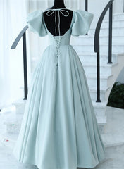 Light Blue Satin Open Back Lopng Prom Dress