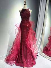 Wine Red Sequins and Tulle Halter Party Dress