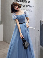 Blue Tulle Short Sleeves Long Party Dress