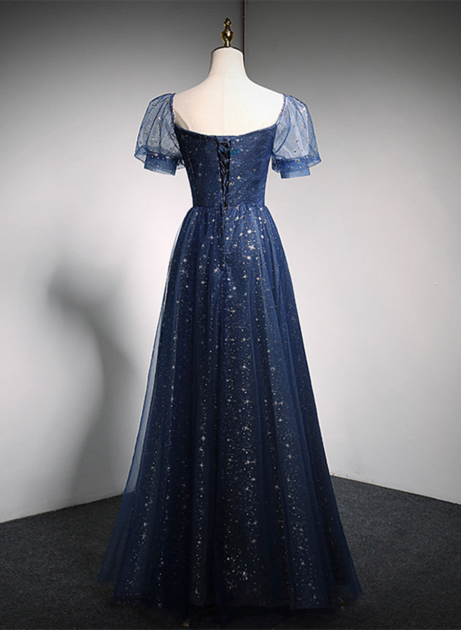 Vestido de fiesta azul marino largo con hombros descubiertos y corte A 