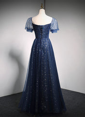 Vestido de fiesta azul marino largo con hombros descubiertos y corte A 