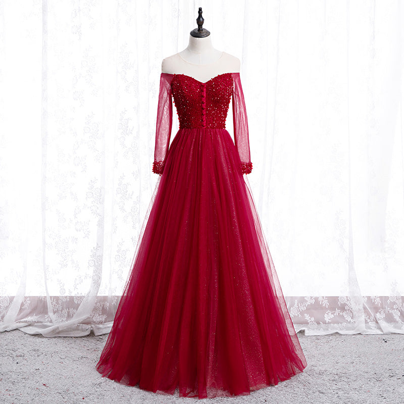 Vestido de noche de tul con cuentas y mangas largas en color rojo vino 