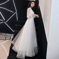 Vestido de fiesta de boda sencillo de tul blanco con mangas largas y encaje 