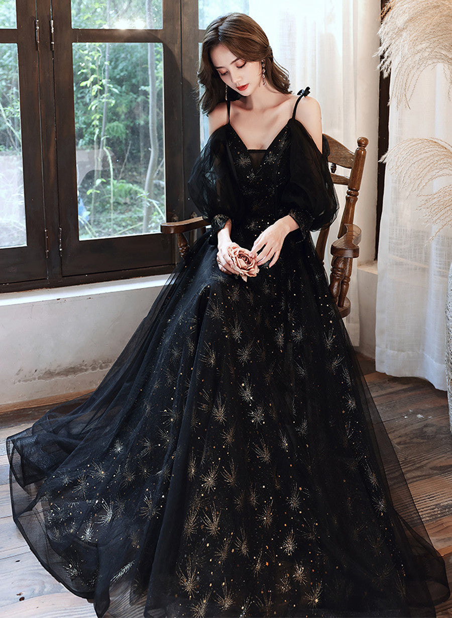 Black V-neckline Straps A-line Long Lace-up Prom Dress