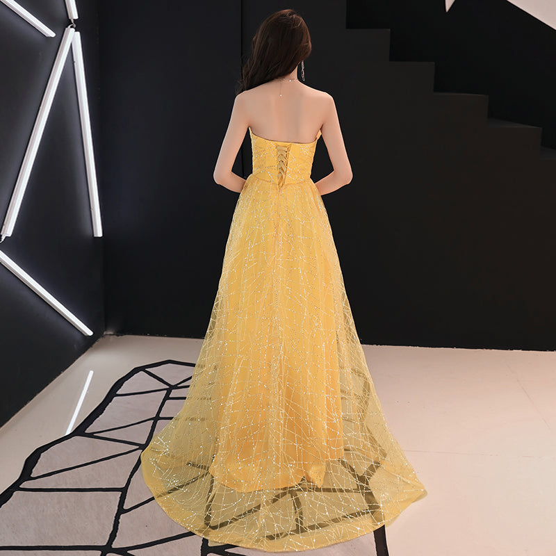 Unique Yellow Tulle Style Beaded Flowers Formal Gown