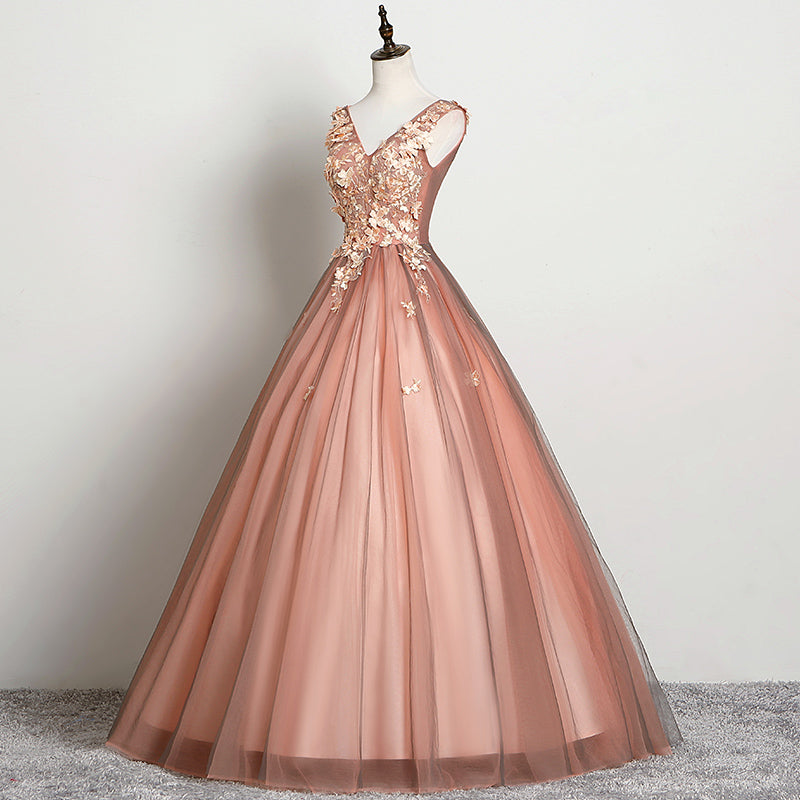 Hermoso vestido de fiesta de tul con escote en V en color rosa para dulces 16 