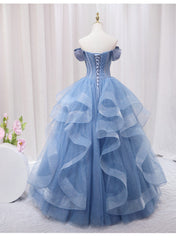 Blue Beaded Off Shoulder Tulle Long Formal Dress