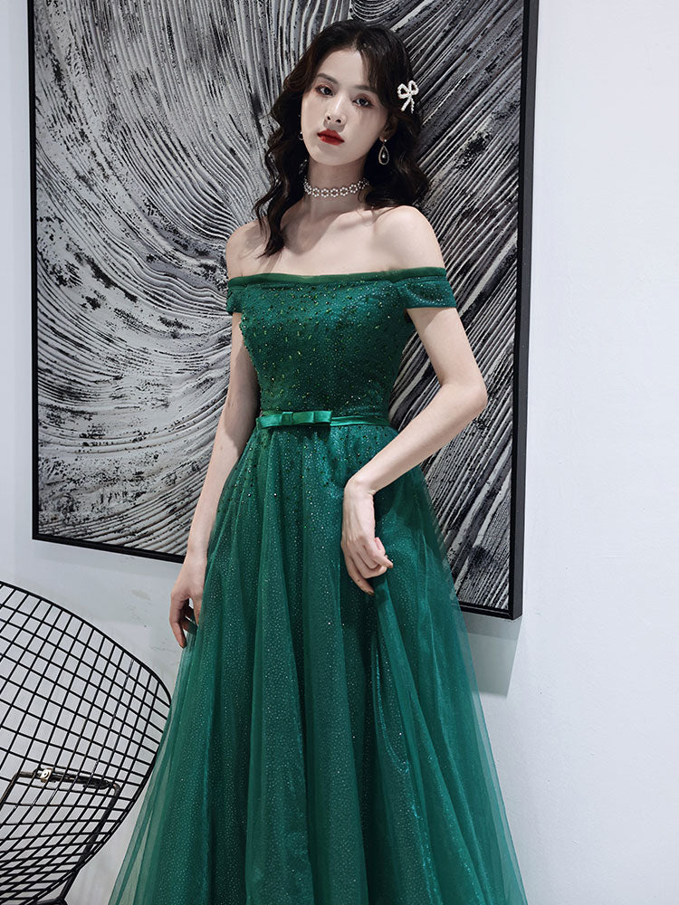 Dark Green Tulle Beaded Off Shoulder Long Party Dresses