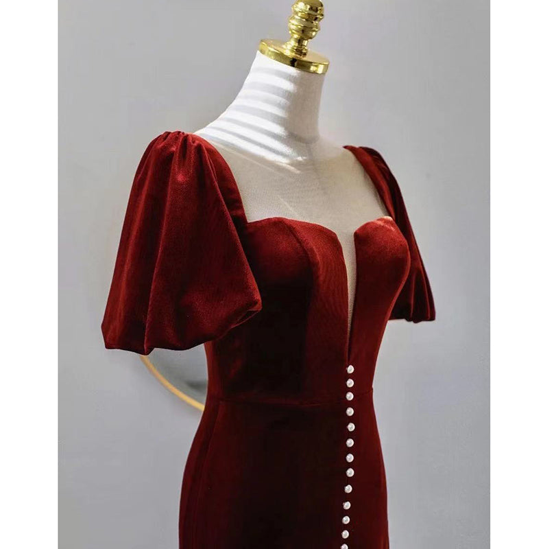 Wine Red Velvet Long Round Neckline Party Dress